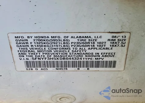 2013 Honda Pilot Exl z USA, uszkodzony, nr VIN 5FNYF3H5XDB044324